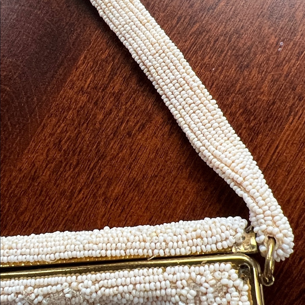 Vintage Intricately Beaded Evening Bag Cream Beige Gold Seed Bead Paisley Bird - Picture 5 of 16